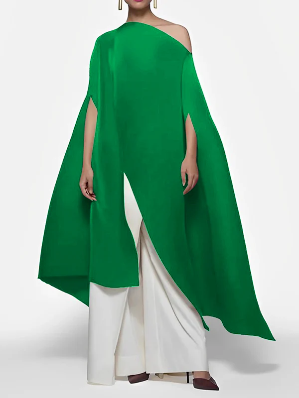 Batwing Sleeves Loose Solid Color Split-front Off-the-shoulder Blouses&shirts Tops - Image 2