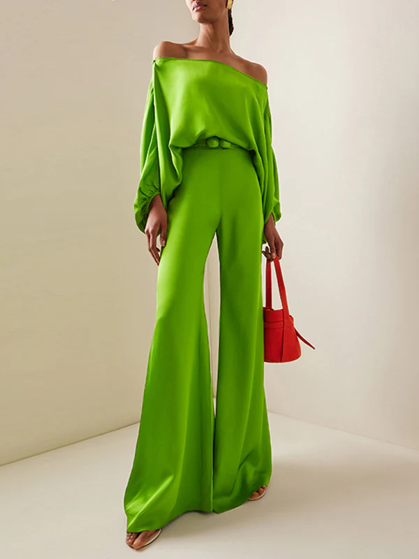 Batwing Sleeves Loose Solid Color Split-Joint Off-The-Shoulder Blouses - Image 2