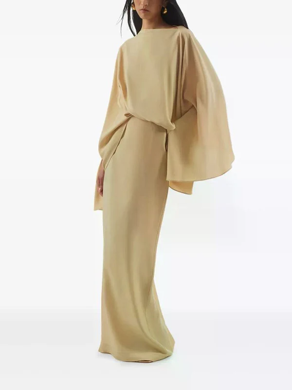 Batwing Sleeves Loose Solid Color Split-Joint Round-Neck Evening Dresses Maxi Dresses - Image 2
