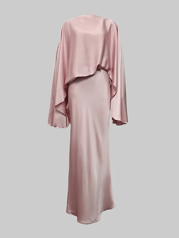 Batwing Sleeves Loose Solid Color Split-Joint Round-Neck Evening Dresses Maxi Dresses - Image 3