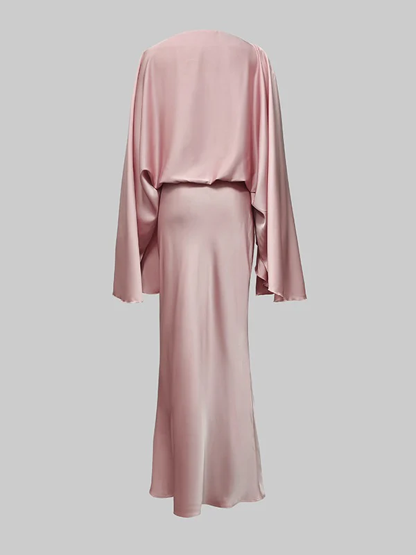 Batwing Sleeves Loose Solid Color Split-Joint Round-Neck Evening Dresses Maxi Dresses - Image 4