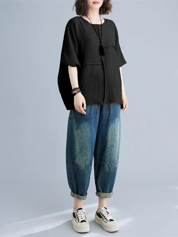 Batwing Sleeves Loose Solid Color Split-Joint Round-Neck T-Shirts Tops - Image 10