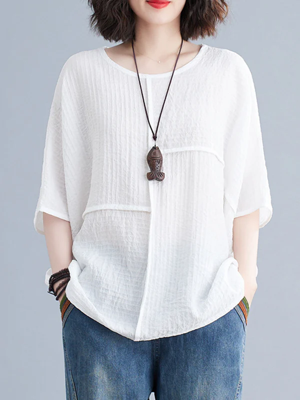 Batwing Sleeves Loose Solid Color Split-Joint Round-Neck T-Shirts Tops - Image 11