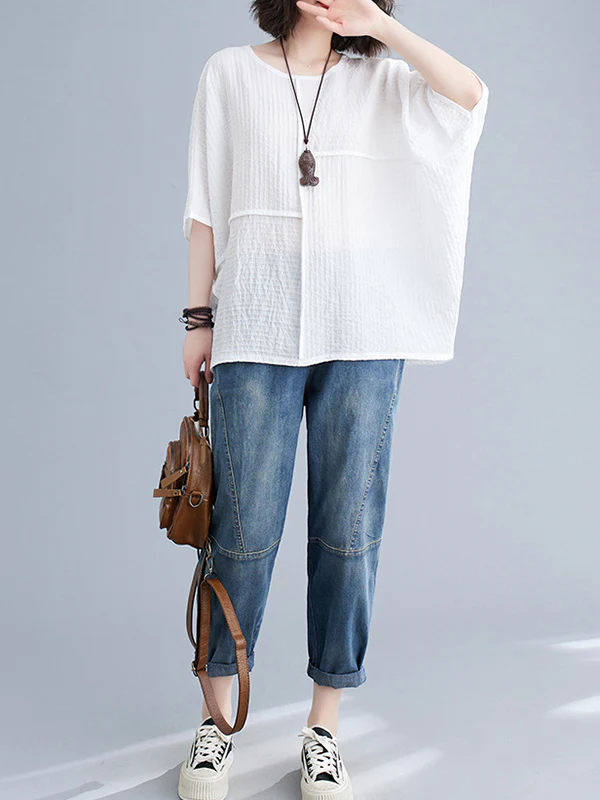 Batwing Sleeves Loose Solid Color Split-Joint Round-Neck T-Shirts Tops - Image 12