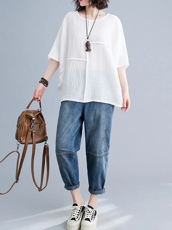 Batwing Sleeves Loose Solid Color Split-Joint Round-Neck T-Shirts Tops - Image 13