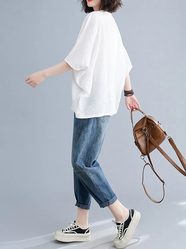 Batwing Sleeves Loose Solid Color Split-Joint Round-Neck T-Shirts Tops - Image 14