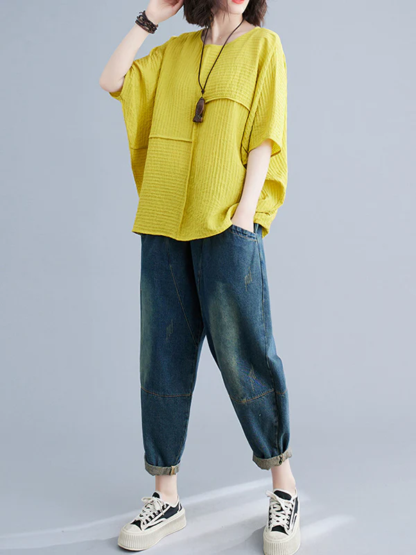 Batwing Sleeves Loose Solid Color Split-Joint Round-Neck T-Shirts Tops - Image 15