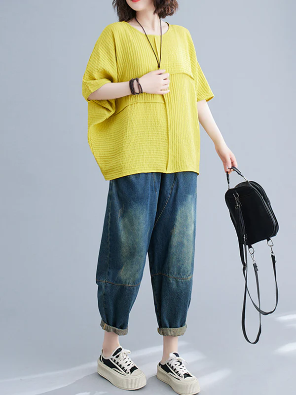 Batwing Sleeves Loose Solid Color Split-Joint Round-Neck T-Shirts Tops - Image 16