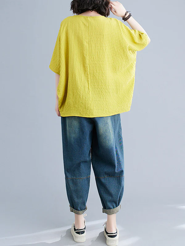 Batwing Sleeves Loose Solid Color Split-Joint Round-Neck T-Shirts Tops - Image 17
