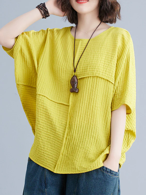 Batwing Sleeves Loose Solid Color Split-Joint Round-Neck T-Shirts Tops - Image 2