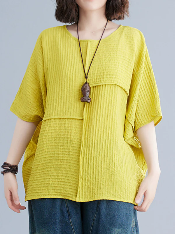 Batwing Sleeves Loose Solid Color Split-Joint Round-Neck T-Shirts Tops - Image 3