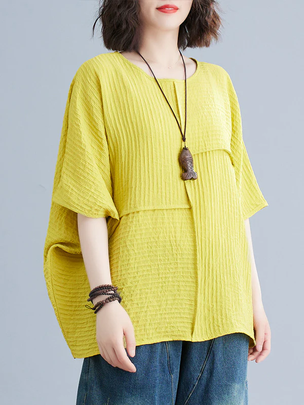 Batwing Sleeves Loose Solid Color Split-Joint Round-Neck T-Shirts Tops - Image 4