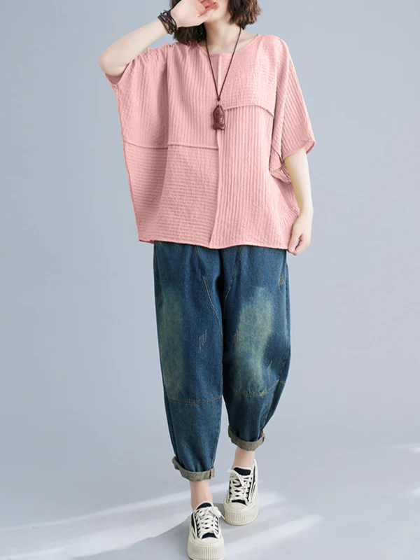 Batwing Sleeves Loose Solid Color Split-Joint Round-Neck T-Shirts Tops - Image 5