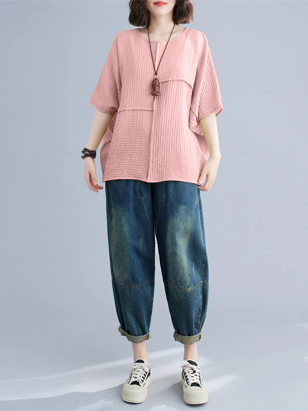 Batwing Sleeves Loose Solid Color Split-Joint Round-Neck T-Shirts Tops - Image 6