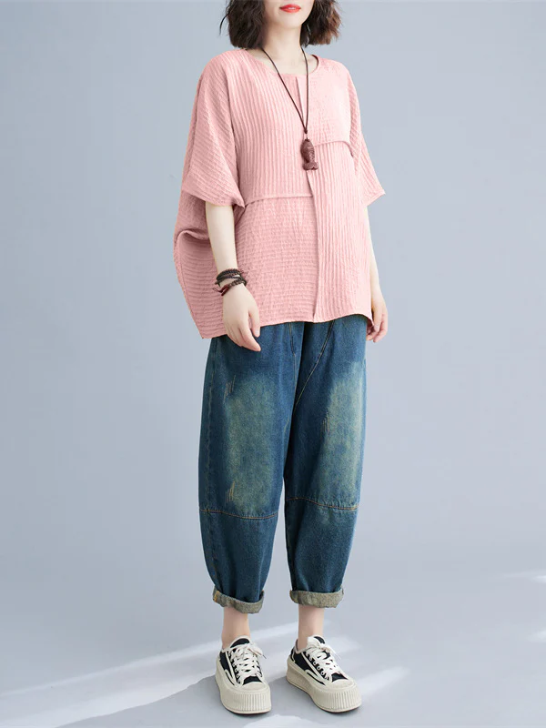 Batwing Sleeves Loose Solid Color Split-Joint Round-Neck T-Shirts Tops - Image 7