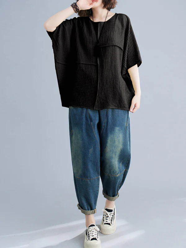 Batwing Sleeves Loose Solid Color Split-Joint Round-Neck T-Shirts Tops - Image 8