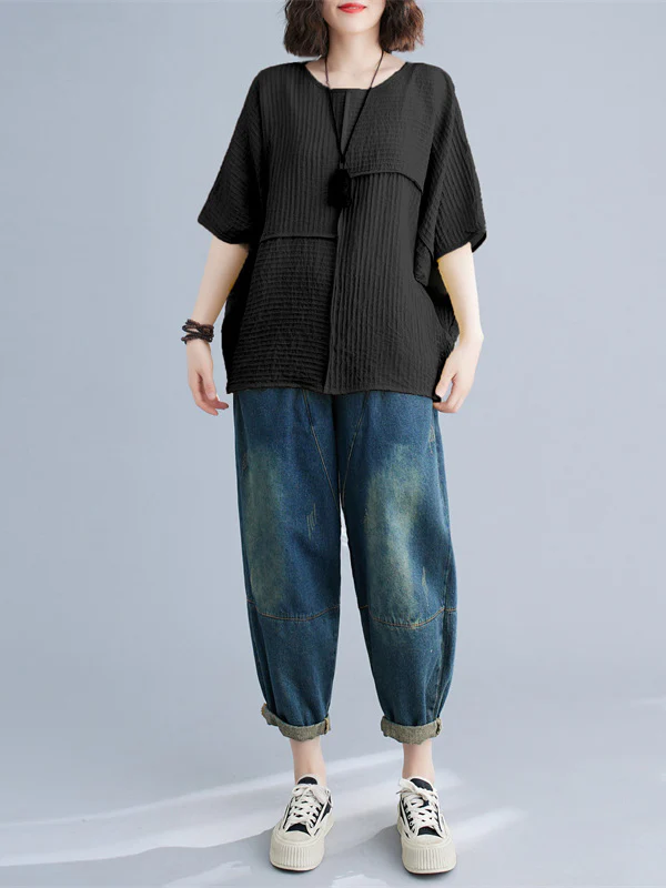 Batwing Sleeves Loose Solid Color Split-Joint Round-Neck T-Shirts Tops - Image 9