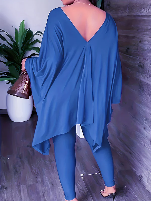 Batwing Sleeves Loose Solid Color V-Back V-Neck Shirts Tops&Pants Two Pieces Set - Image 10
