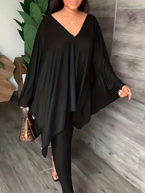 Batwing Sleeves Loose Solid Color V-Back V-Neck Shirts Tops&Pants Two Pieces Set - Image 11