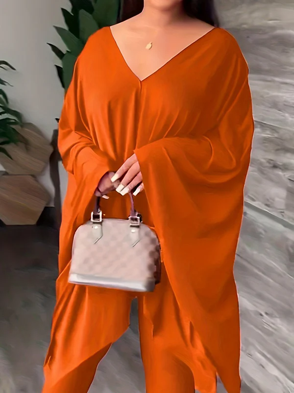Batwing Sleeves Loose Solid Color V-Back V-Neck Shirts Tops&Pants Two Pieces Set - Image 12