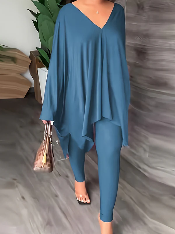 Batwing Sleeves Loose Solid Color V-Back V-Neck Shirts Tops&Pants Two Pieces Set - Image 2