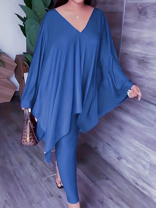 Batwing Sleeves Loose Solid Color V-Back V-Neck Shirts Tops&Pants Two Pieces Set - Image 3