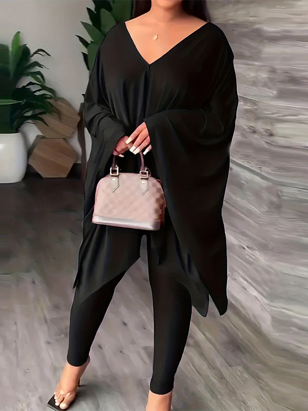 Batwing Sleeves Loose Solid Color V-Back V-Neck Shirts Tops&Pants Two Pieces Set - Image 4