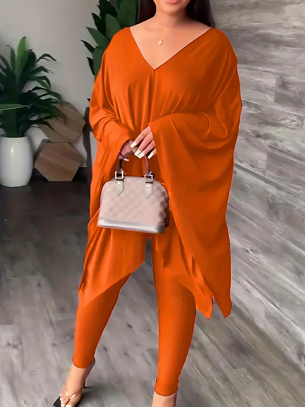 Batwing Sleeves Loose Solid Color V-Back V-Neck Shirts Tops&Pants Two Pieces Set - Image 5