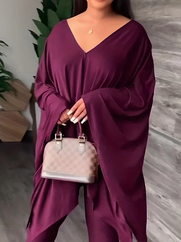 Batwing Sleeves Loose Solid Color V-Back V-Neck Shirts Tops&Pants Two Pieces Set - Image 6