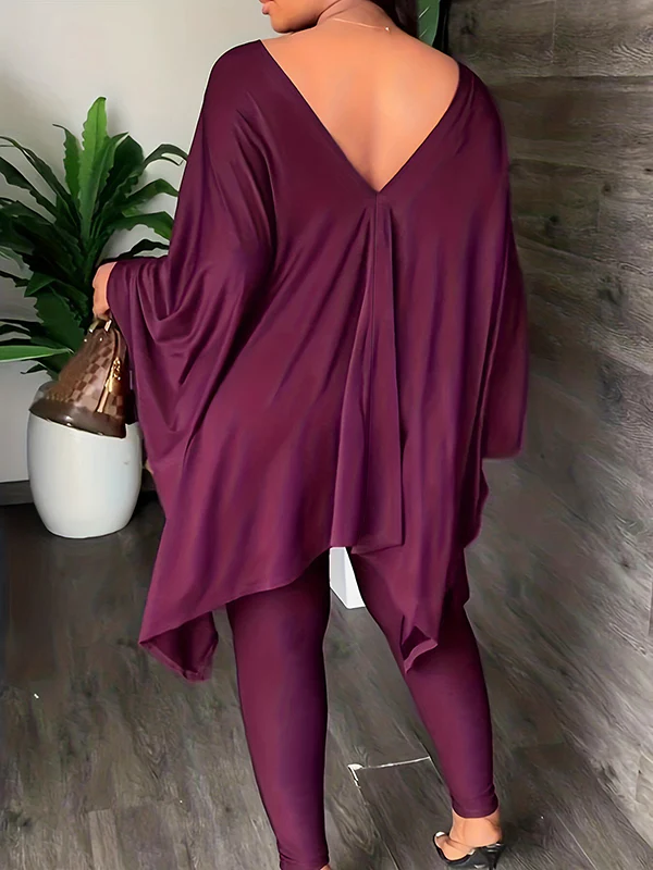 Batwing Sleeves Loose Solid Color V-Back V-Neck Shirts Tops&Pants Two Pieces Set - Image 7