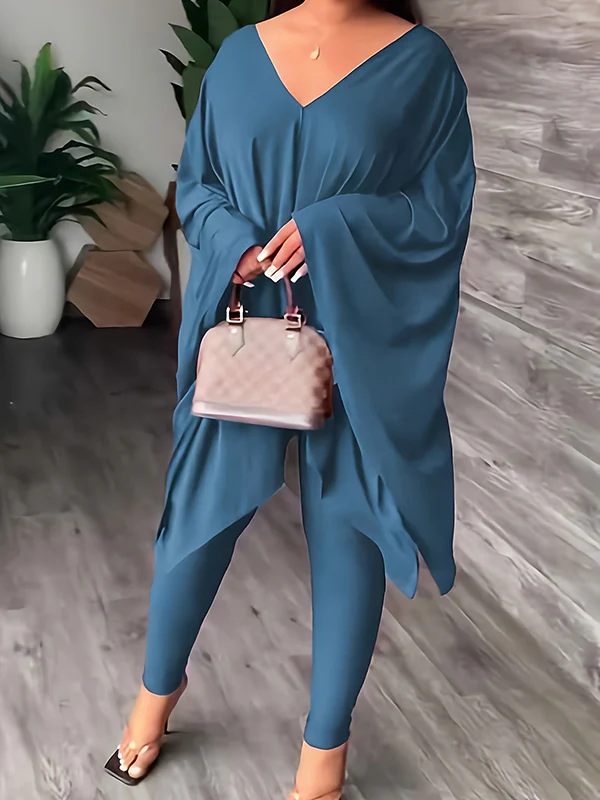 Batwing Sleeves Loose Solid Color V-Back V-Neck Shirts Tops&Pants Two Pieces Set - Image 8