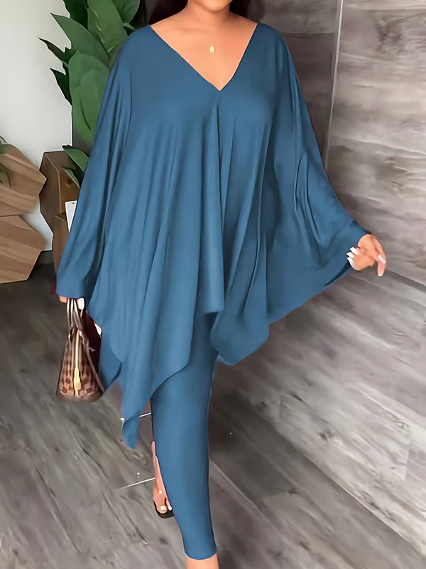 Batwing Sleeves Loose Solid Color V-Back V-Neck Shirts Tops&Pants Two Pieces Set - Image 9
