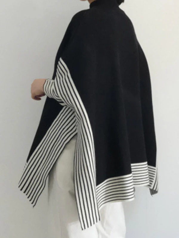 Batwing Sleeves Loose Split-Joint Split-Side Striped High Neck Sweater - Image 2