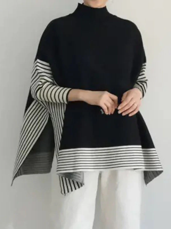 Batwing Sleeves Loose Split-Joint Split-Side Striped High Neck Sweater - Image 3