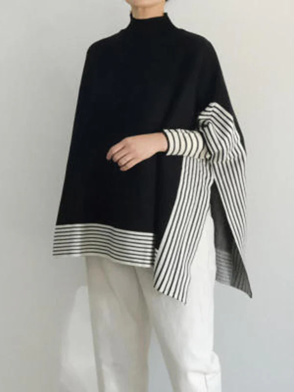 Batwing Sleeves Loose Split-Joint Split-Side Striped High Neck Sweater - Image 4