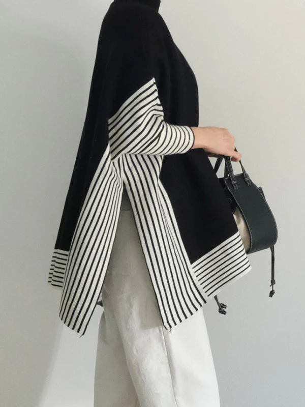 Batwing Sleeves Loose Split-Joint Split-Side Striped High Neck Sweater - Image 5