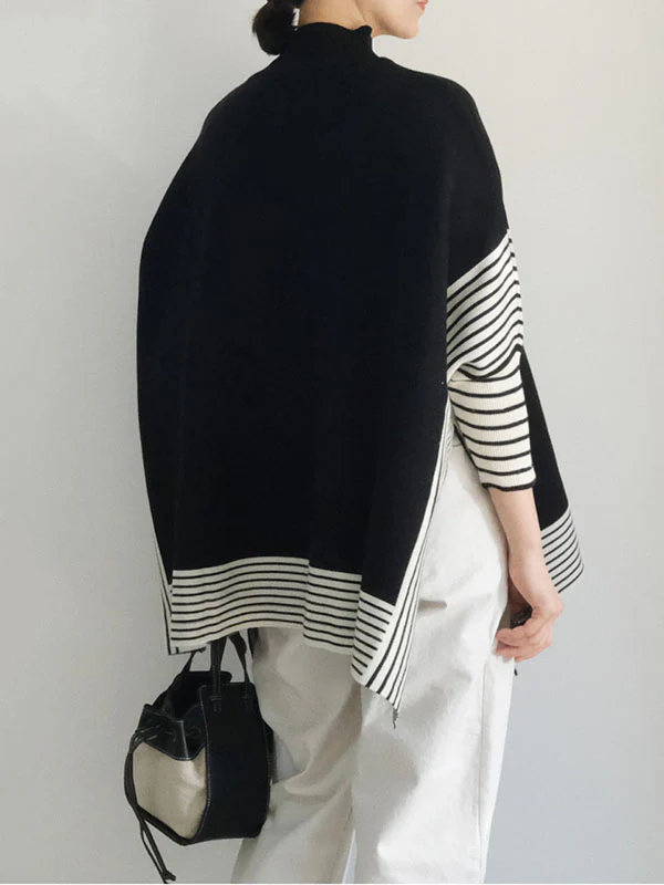 Batwing Sleeves Loose Split-Joint Split-Side Striped High Neck Sweater - Image 6