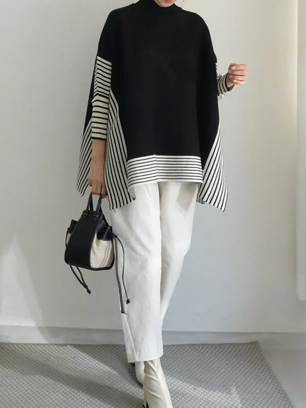 Batwing Sleeves Loose Split-Joint Split-Side Striped High Neck Sweater - Image 7