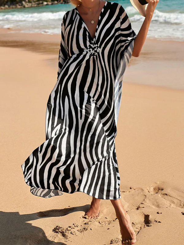 Batwing Sleeves Loose Split-Joint Split-Side Striped Sun Protection V-Neck Beach Cover-Up Maxi Dresses - Image 2