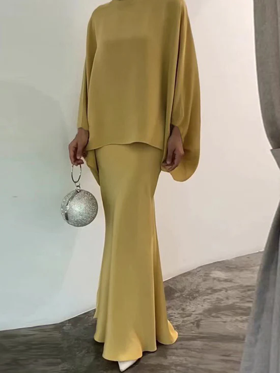 Batwing Sleeves Pearl Solid Color Round-Neck Shirts&Skirts Suits - Image 2