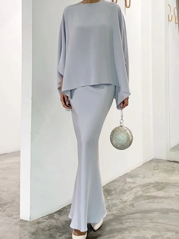 Batwing Sleeves Pearl Solid Color Round-Neck Shirts&Skirts Suits - Image 3