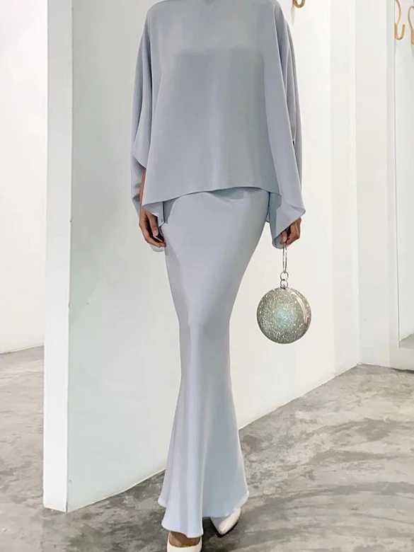 Batwing Sleeves Pearl Solid Color Round-Neck Shirts&Skirts Suits - Image 4