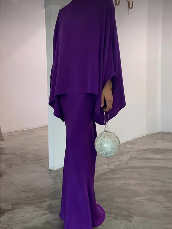 Batwing Sleeves Pearl Solid Color Round-Neck Shirts&Skirts Suits - Image 5