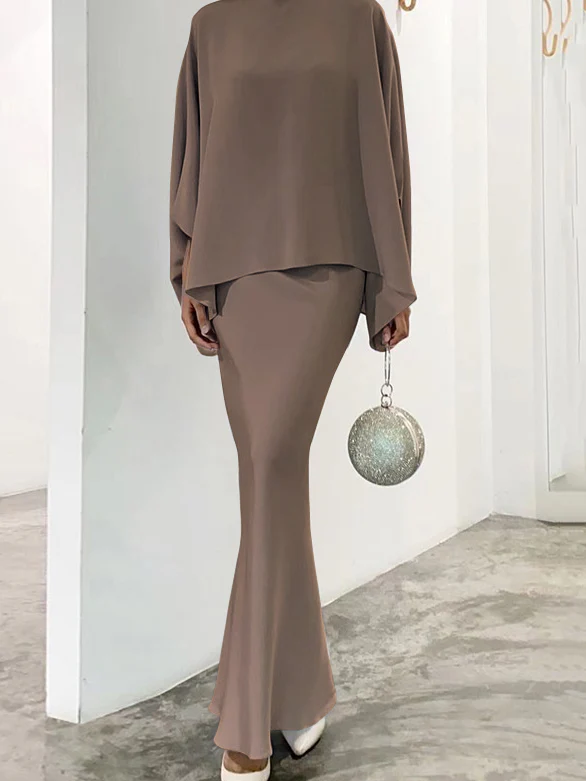 Batwing Sleeves Pearl Solid Color Round-Neck Shirts&Skirts Suits - Image 6
