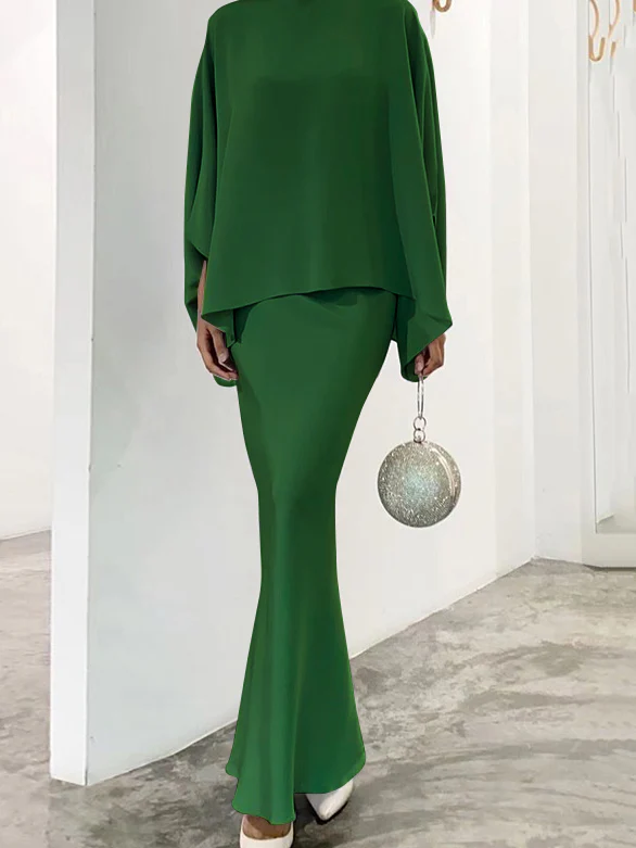 Batwing Sleeves Pearl Solid Color Round-Neck Shirts&Skirts Suits - Image 7