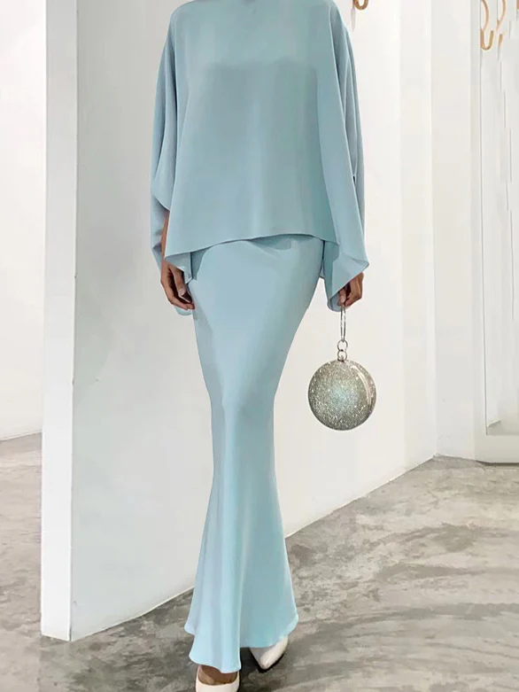 Batwing Sleeves Pearl Solid Color Round-Neck Shirts&Skirts Suits - Image 8
