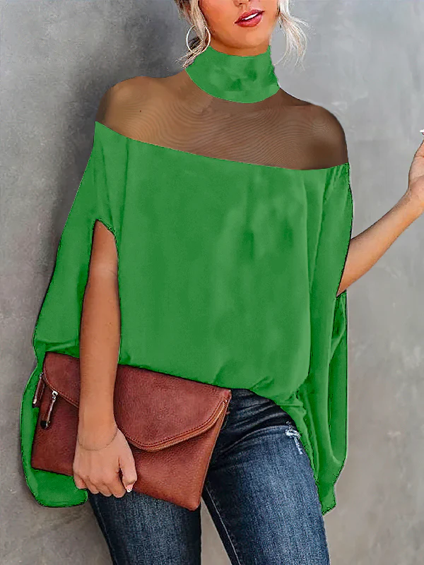 Batwing Sleeves See-Through High-Neck Blouses&Shirts Tops - Image 11