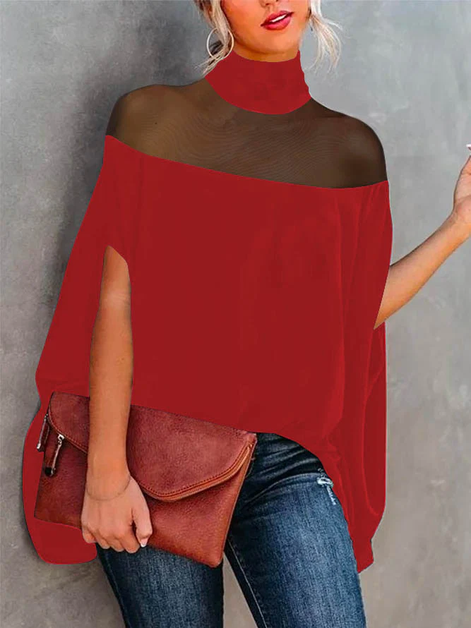 Batwing Sleeves See-Through High-Neck Blouses&Shirts Tops - Image 12
