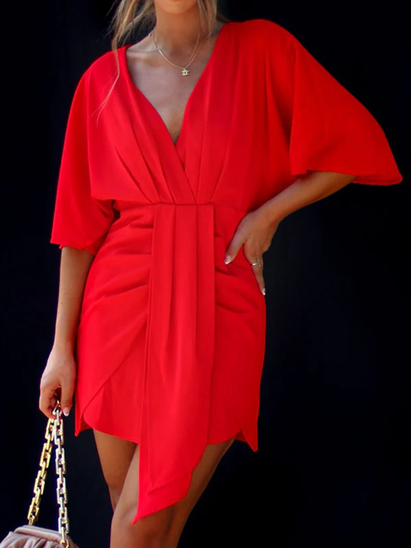 Batwing Sleeves Skinny Pleated Solid Color Split-Joint V-Neck Mini Dresses - Image 8