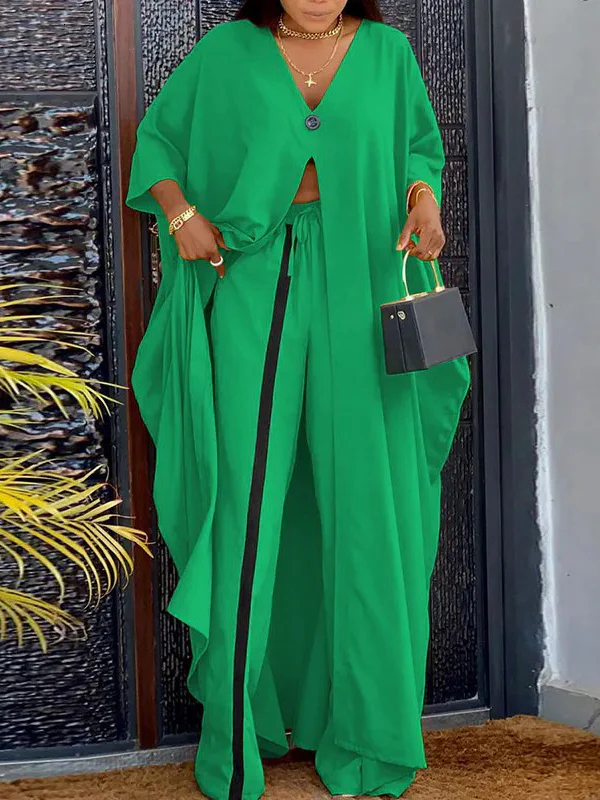 Batwing Sleeves Split-Front V-Neck Cover-Ups Tops + High Waisted Elasticity Pants Two Pieces Set - Image 2